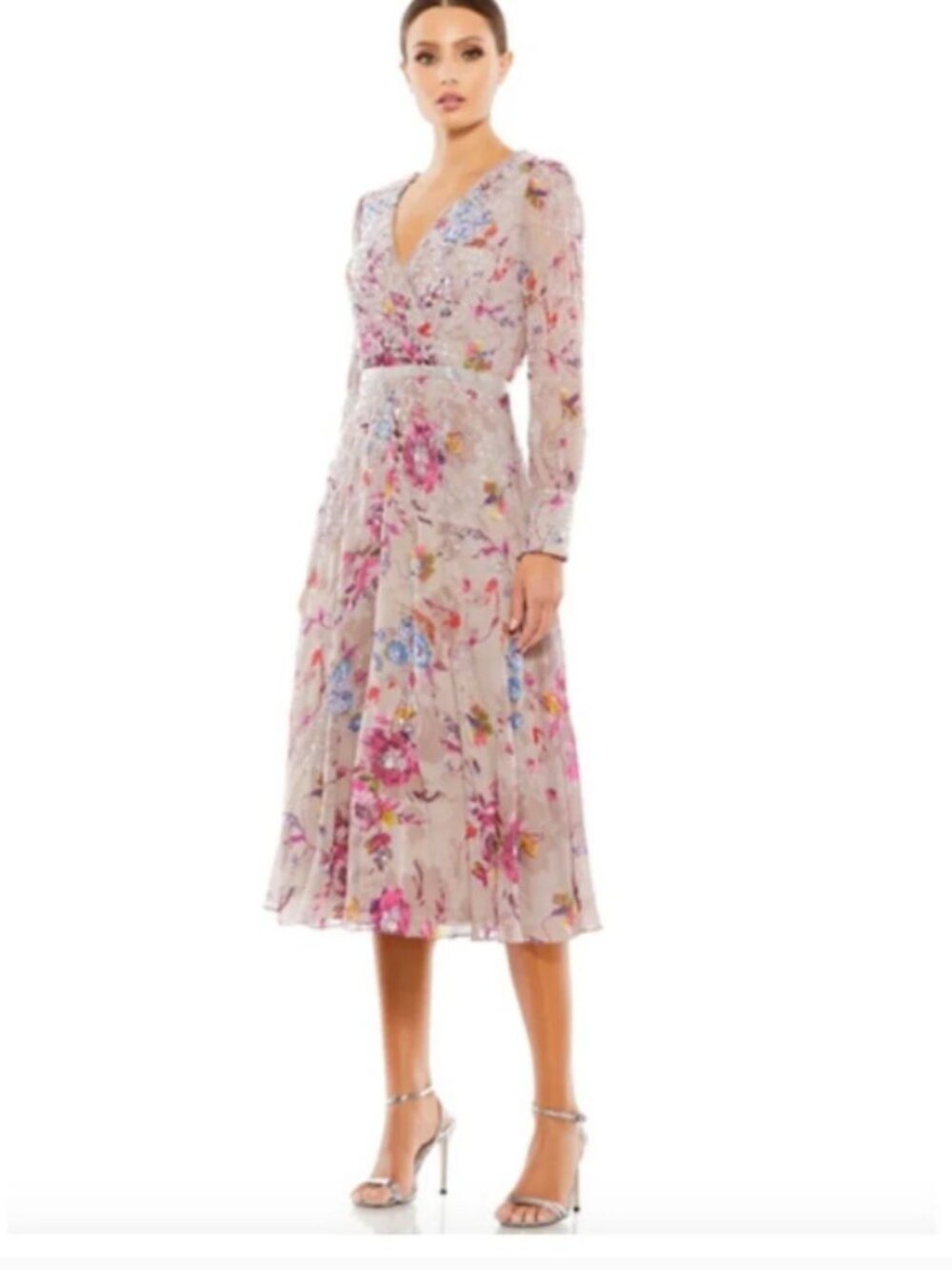 MAC DUGGAL Dress Size 20 Evening Gown Long Sleeve Midi Floral Mauve Purple EUC